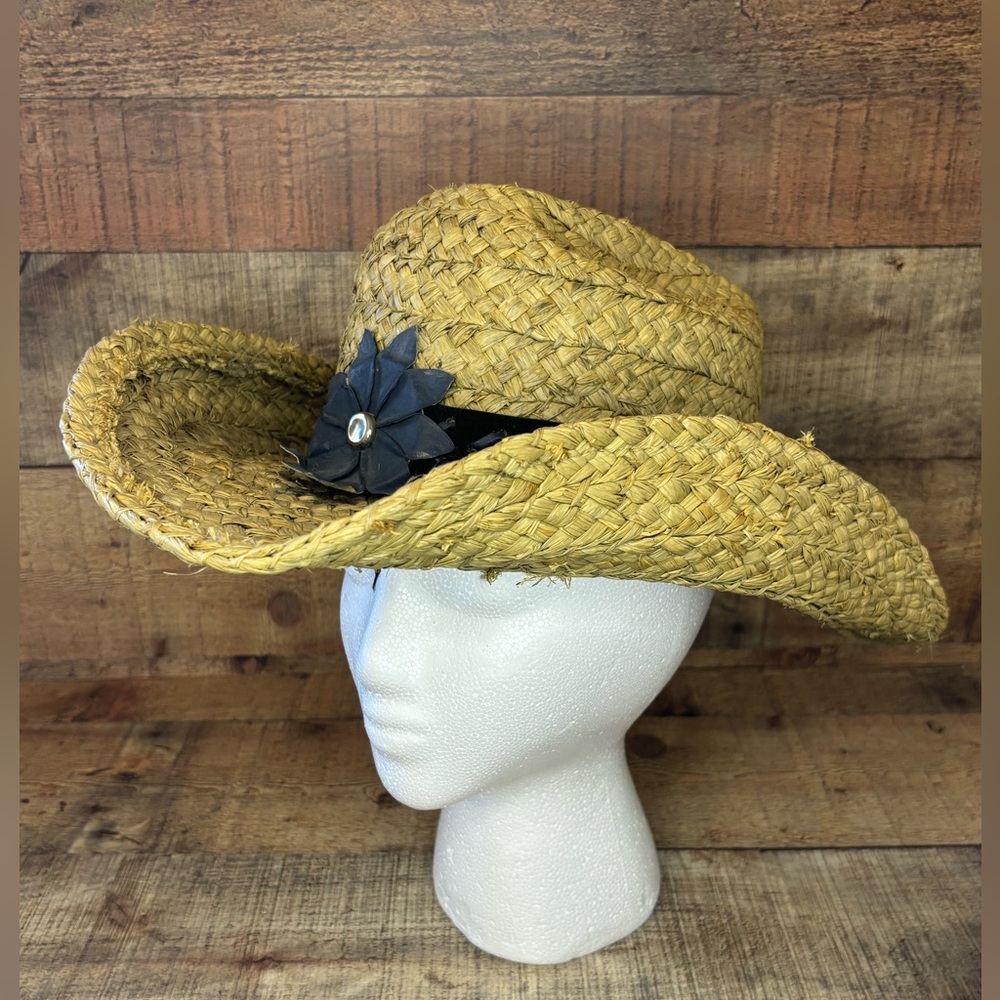 Bullhide Montecarlo Hat Beige Cowboy Medium Women’s Straw Raffia Black Flower
